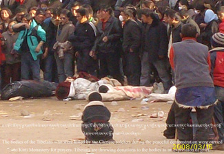 Tibetan dead bodies brought into Kirti Monastery by Tibetan protesters for prayers after being shot dead by the Chinese security forces.